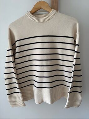 Zara Cream and Navy Striped Crewneck Sweater